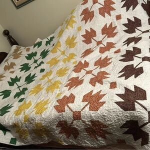 Homemade patchwork machine sewing quilt, maple leaves, queen (82”x102”)